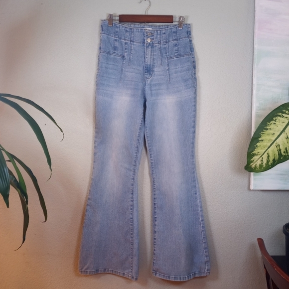 Vanilla Star Denim - Vanilla Star High Rise Pintucked Waist Bohemian 70s Retro Hippie Faded Flares